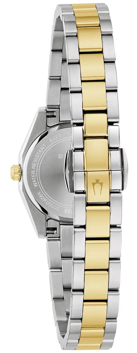 98L331 Bulova Watch Two Tone Stainless Steel White Dial Round Bracelet Surveyor clasp detail