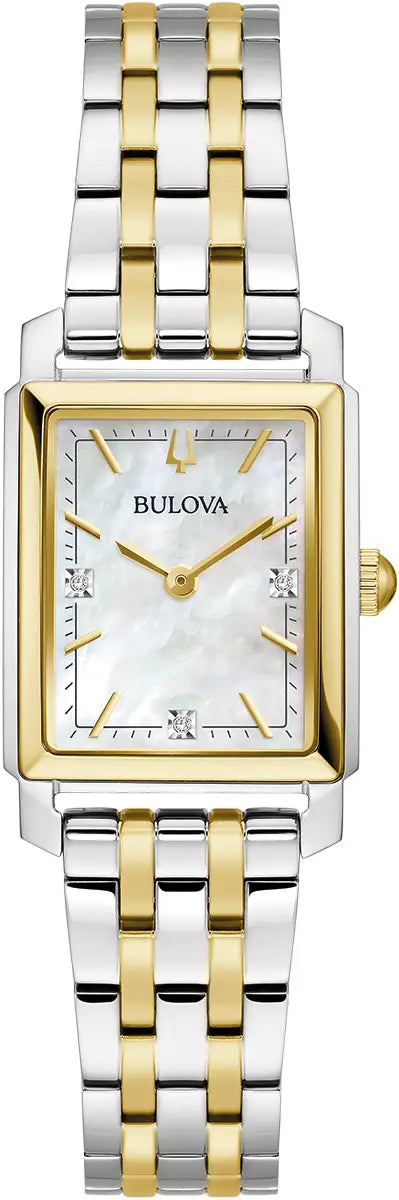 98P220 Bulova Square Diamond Set Watch Two Tone Stainless Steel Silver Dial Bracelet Sutton