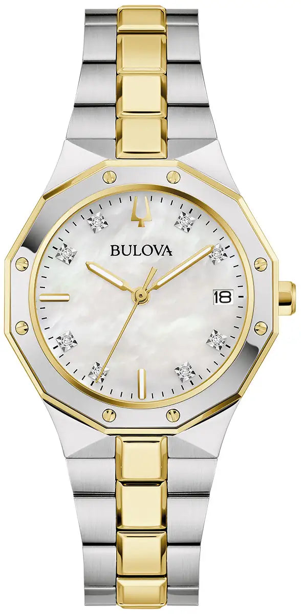 98P234 Bulova Diamond Set Watch Two Tone Stainless Steel Silver Dial Bracelet Prestige