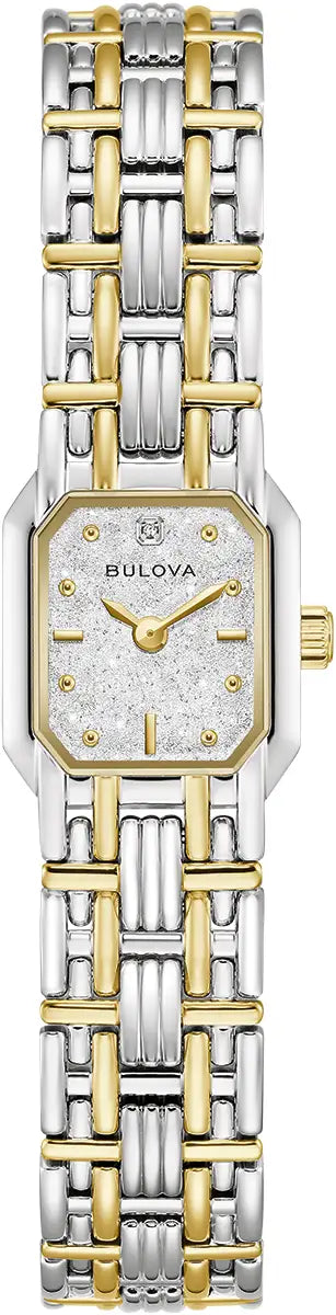 98P237 Bulova Square Diamond Set Watch Two Tone Stainless Steel Silver Dial Bracelet Goddess of Time