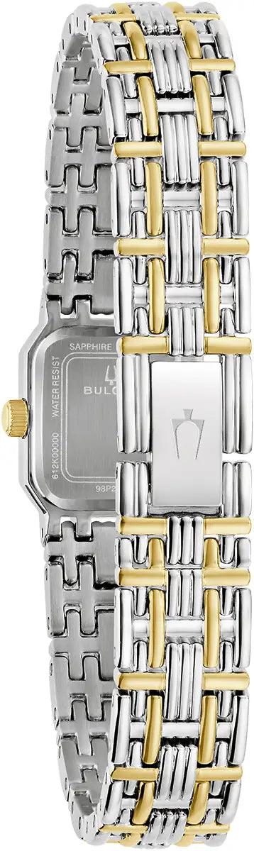 98P237 Bulova Square Diamond Set Watch Two Tone Stainless Steel Silver Dial Bracelet Goddess of Time