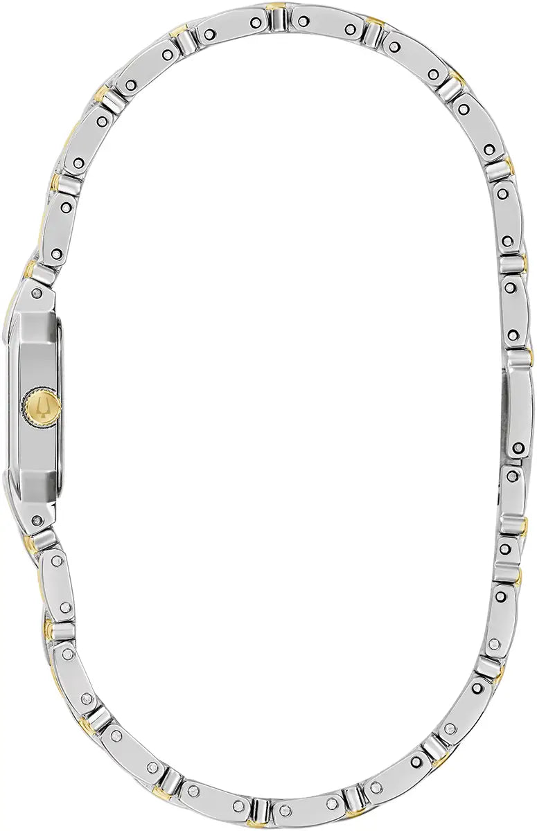 98P237 Bulova Square Diamond Set Watch Two Tone Stainless Steel Silver Dial Bracelet Goddess of Time