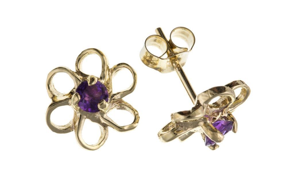 9 Carat Yellow Gold Amethyst Flower Stud Earrings