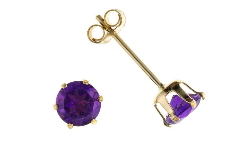 9 Carat Yellow Gold Amethyst Round Stud Earrings