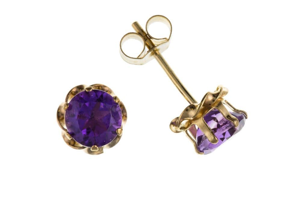 9 Carat Yellow Gold Round  Amethyst Stud Earrings