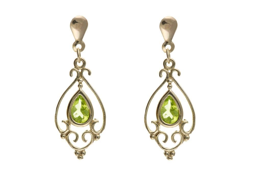 A pear shaped open yellow gold peridot fancy drop earrings