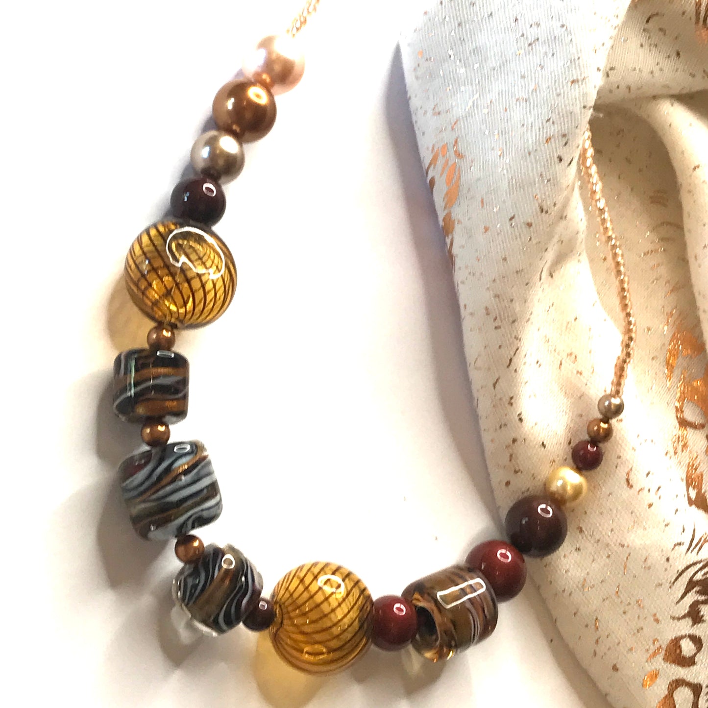 Beautiful brown, white, golden and black beaded real Murano glass necklace