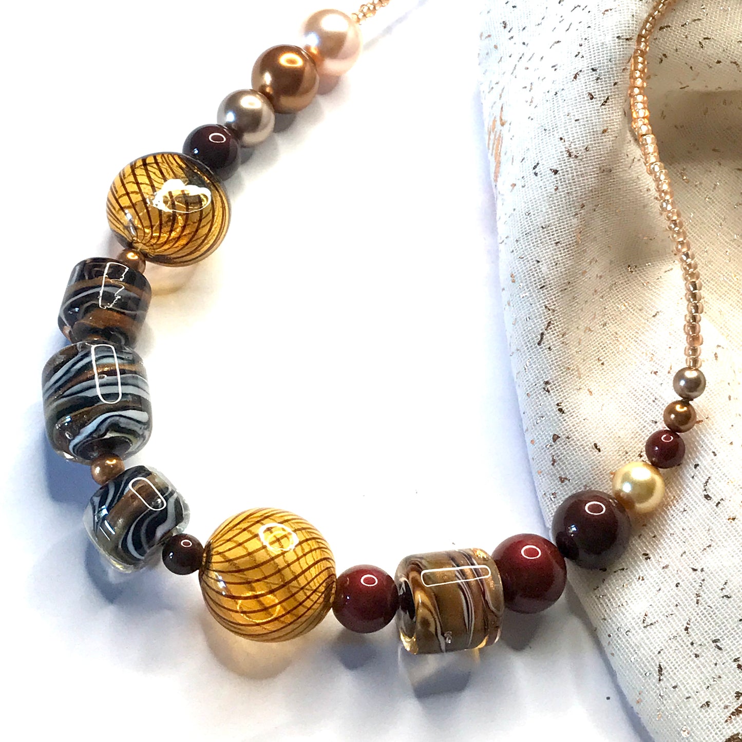 Beautiful brown, white, golden and black beaded real Murano glass necklace