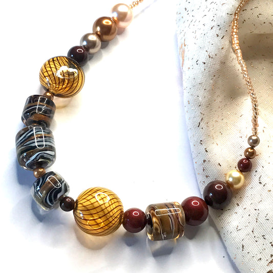 Beautiful brown, white, golden and black beaded real Murano glass necklace