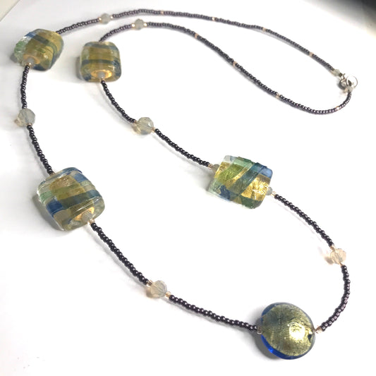 Beautiful light blue and golden square and round beaded real Murano glass necklace