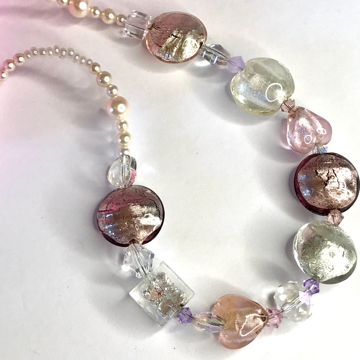 Beautiful pastel pink white beaded real Murano glass necklace with crystals
