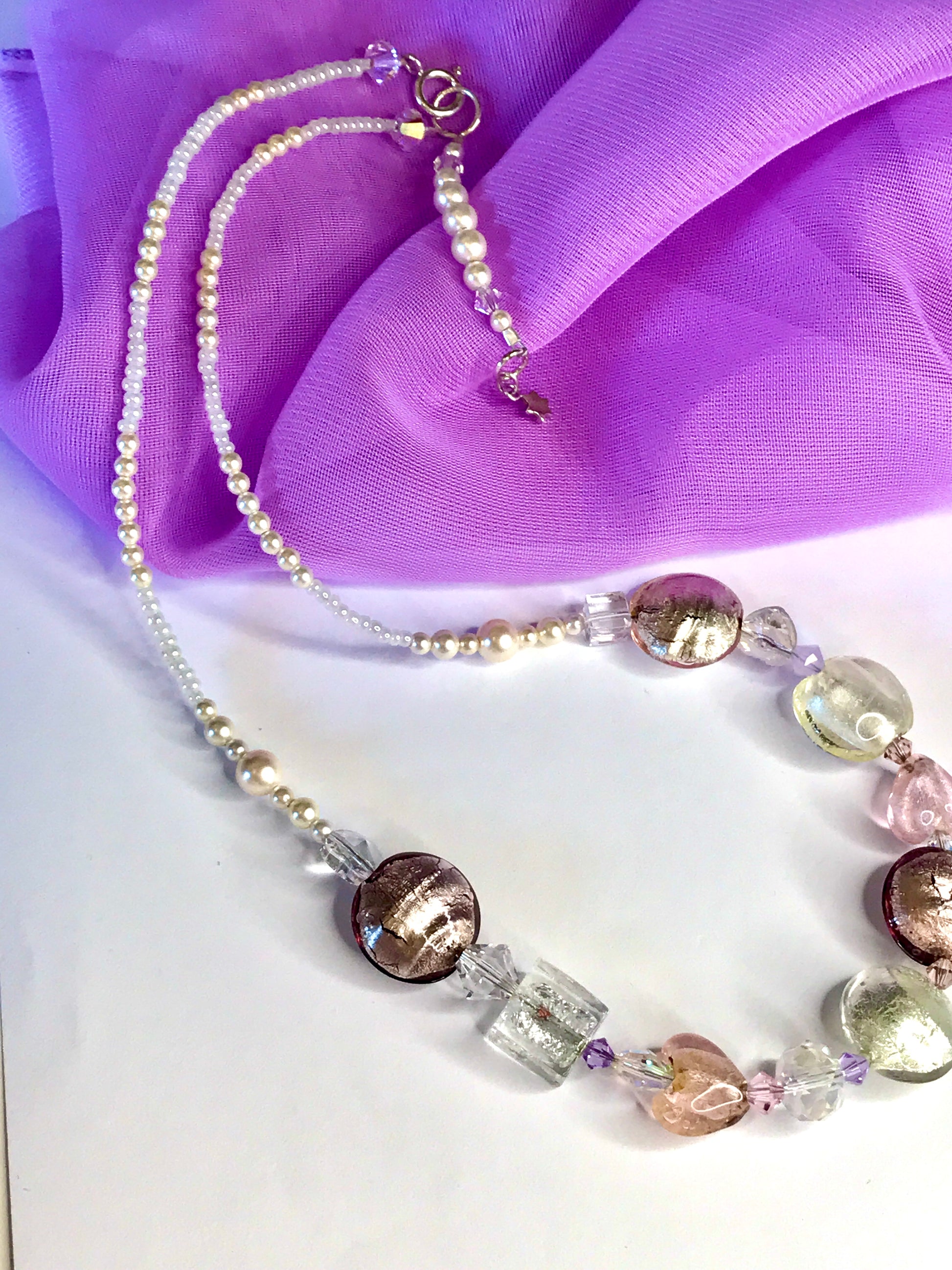 Beautiful pastel pink white beaded real Murano glass necklace with crystals