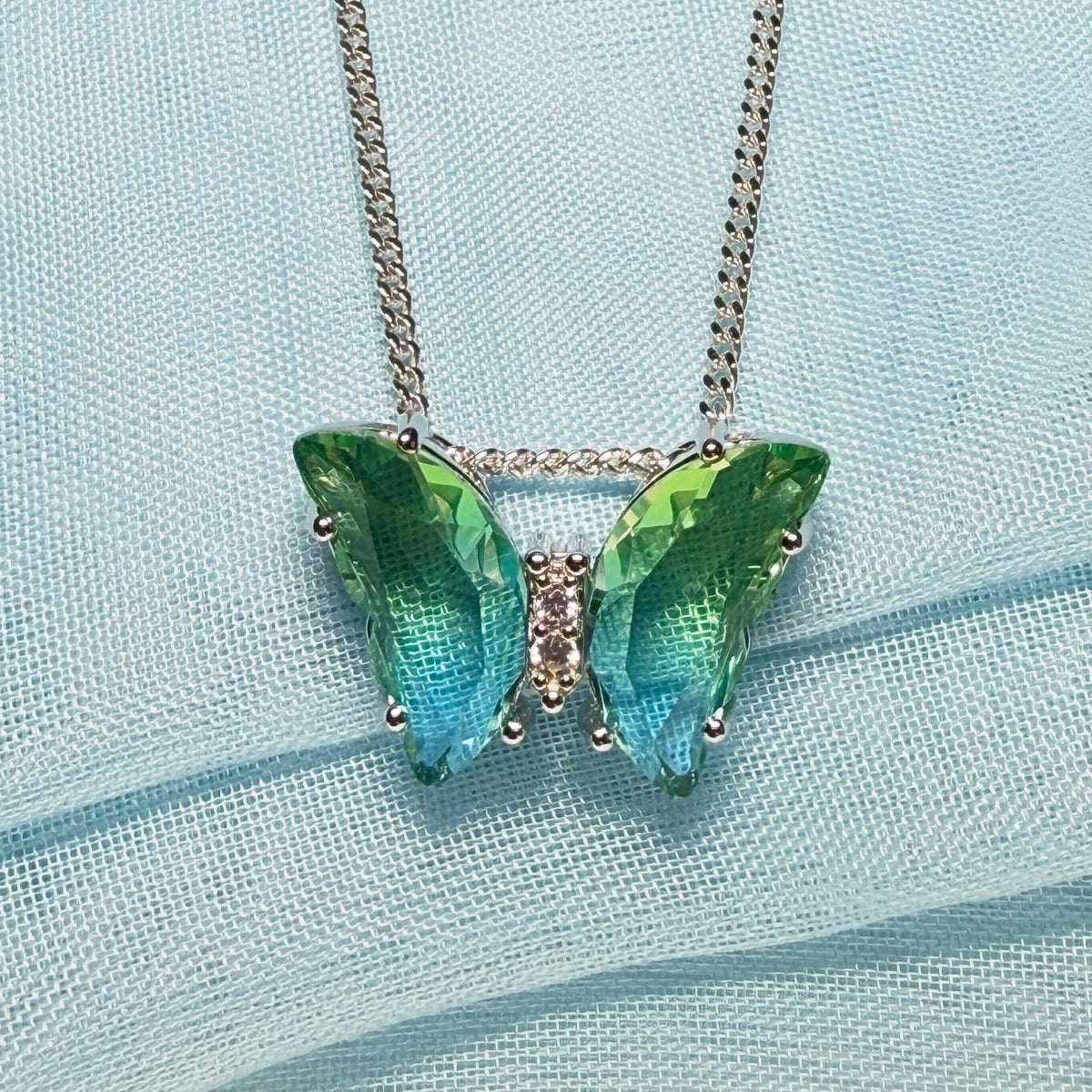 Blue green crystal glass necklace blue butterfly shape pendant sterling silver
