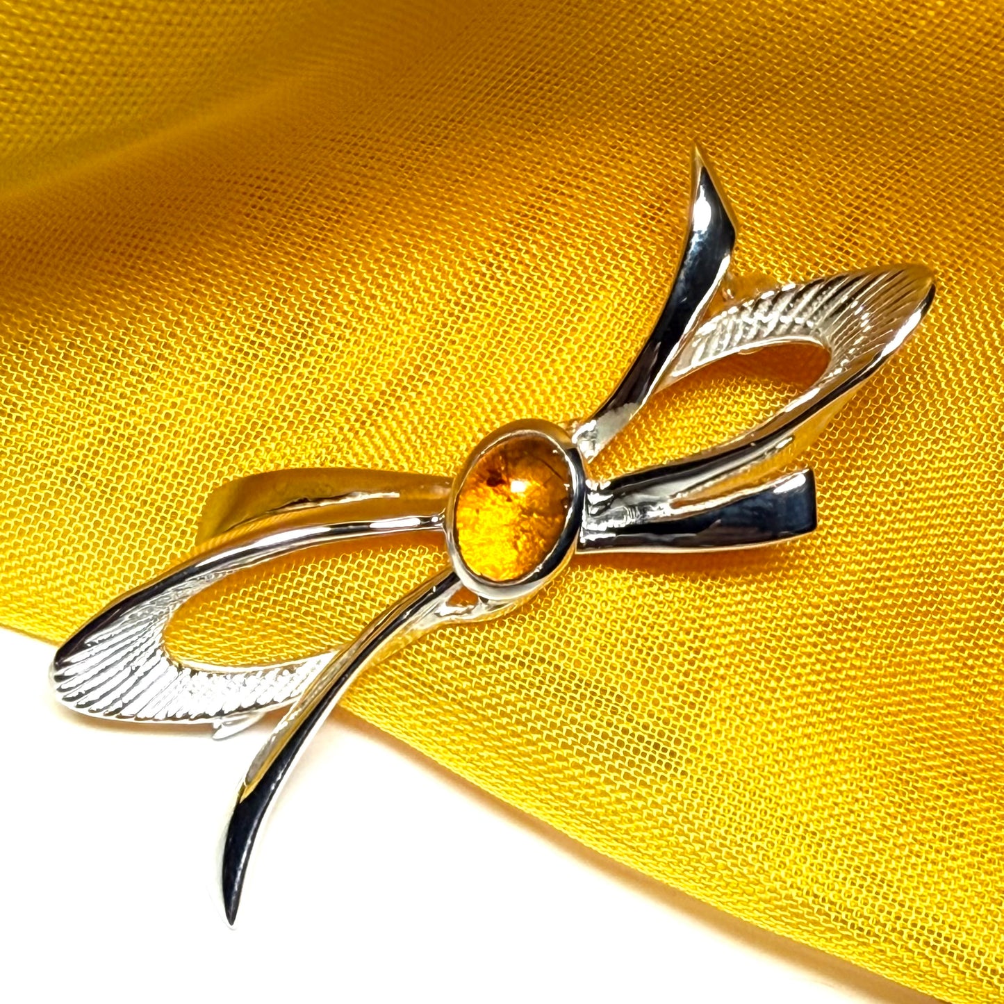 Bow Shape Sterling silver real amber brooch