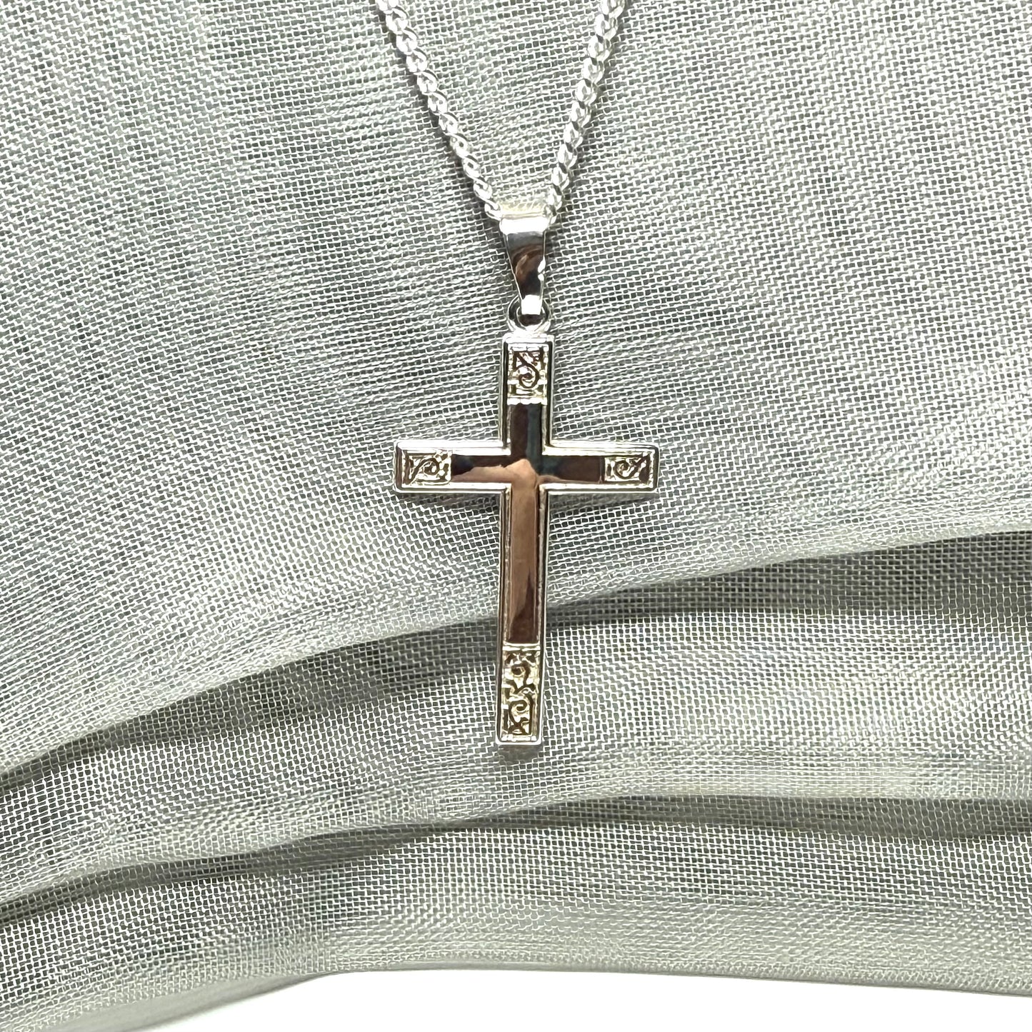 Diamond Cut Solid Sterling Silver Patterned Cross With Chain