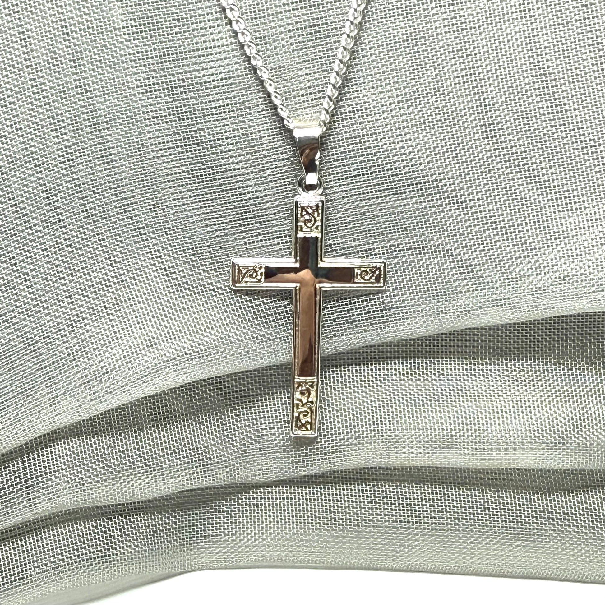 Diamond Cut Solid Sterling Silver Patterned Cross With Chain