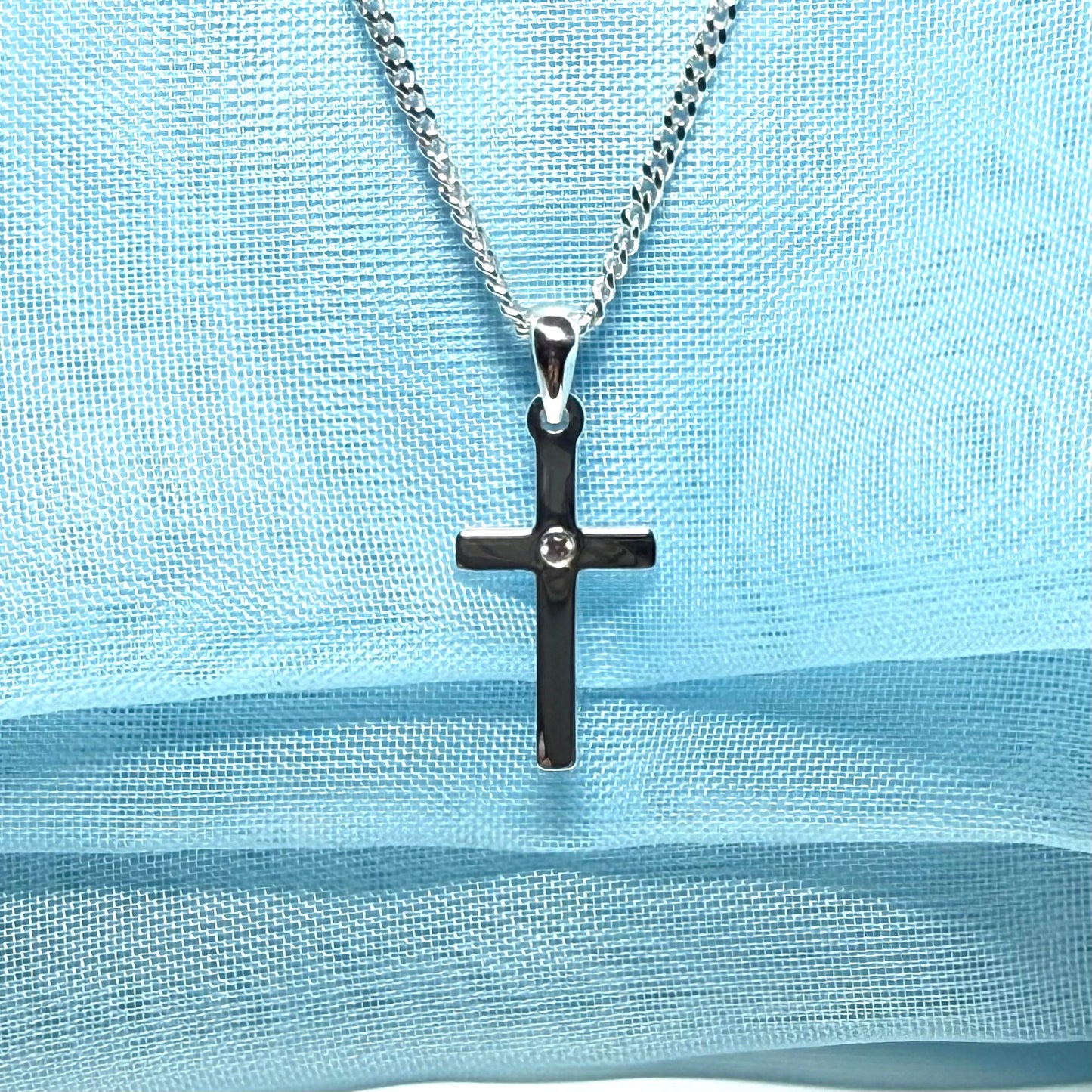 Diamond set cross solid sterling silver polished necklace