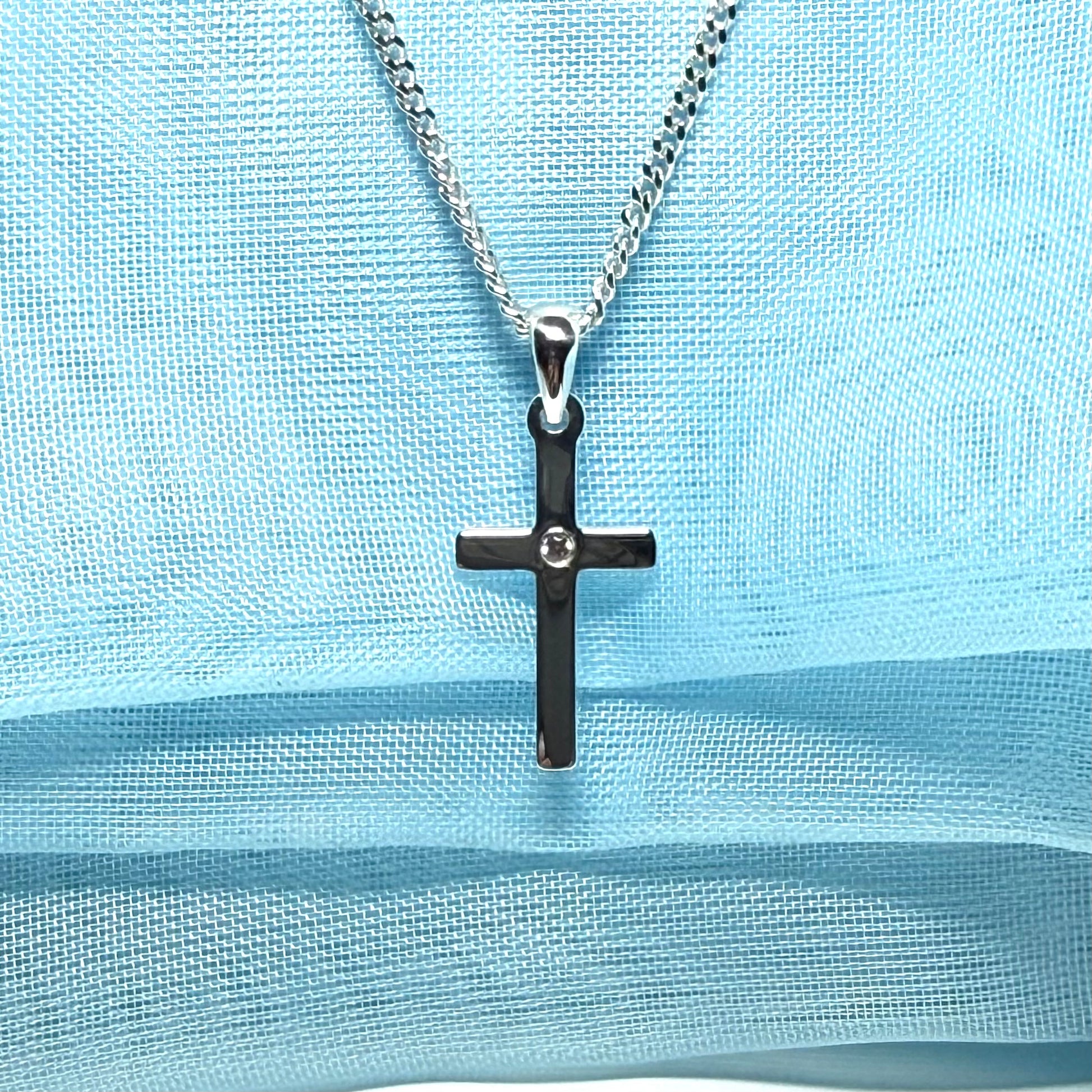 Diamond set cross solid sterling silver polished necklace
