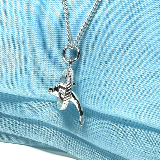 Dolphin Performing Though Hoop Sterling Silver Necklace Circle Pendant