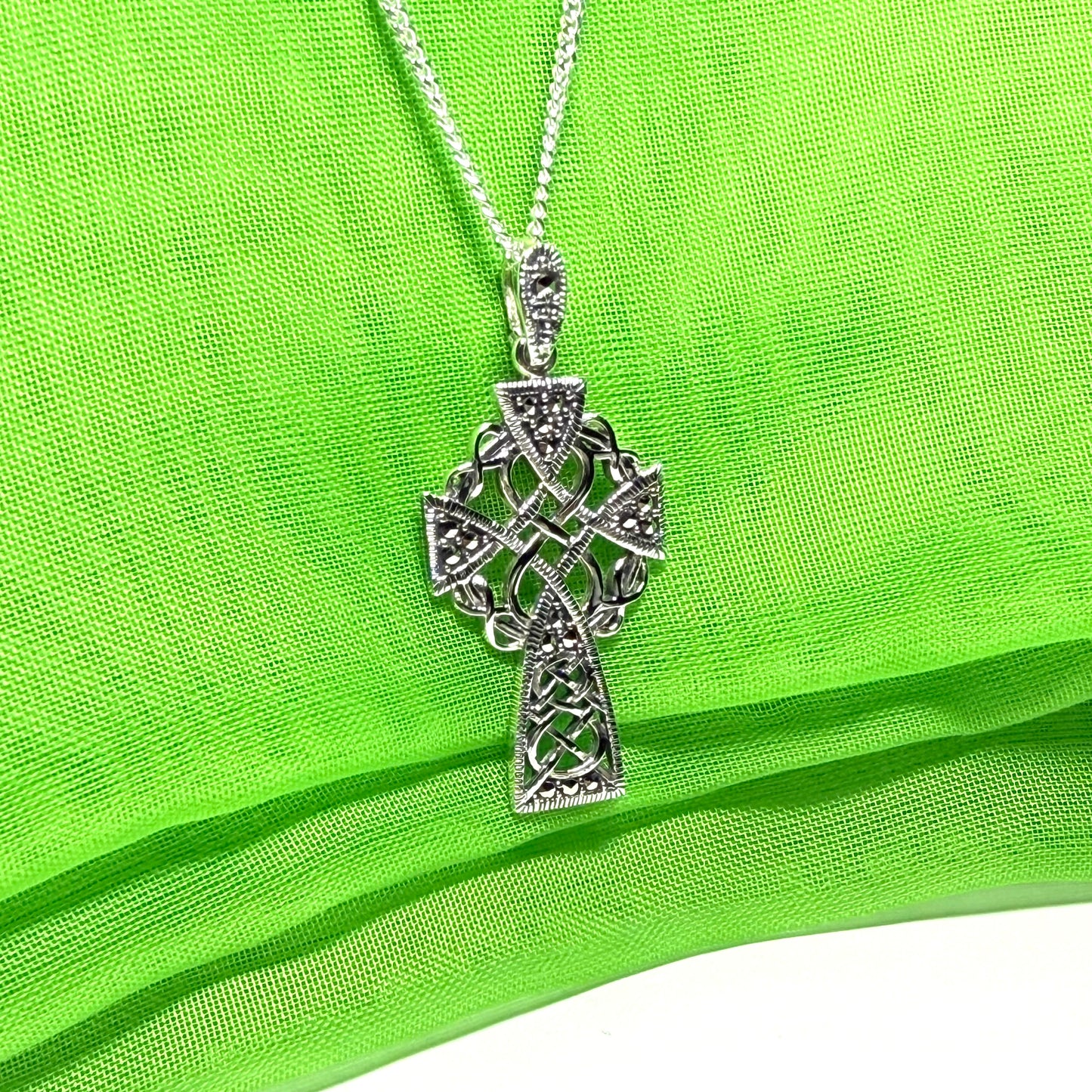 Fancy Patterned Large Sterling Silver Celtic Marcasite Set Cross Including Chain