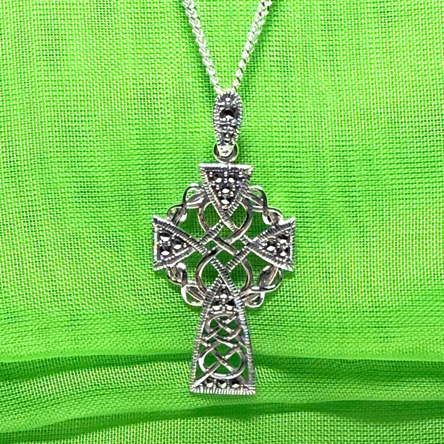 Fancy Patterned Large Sterling Silver Celtic Marcasite Set Cross Including Chain