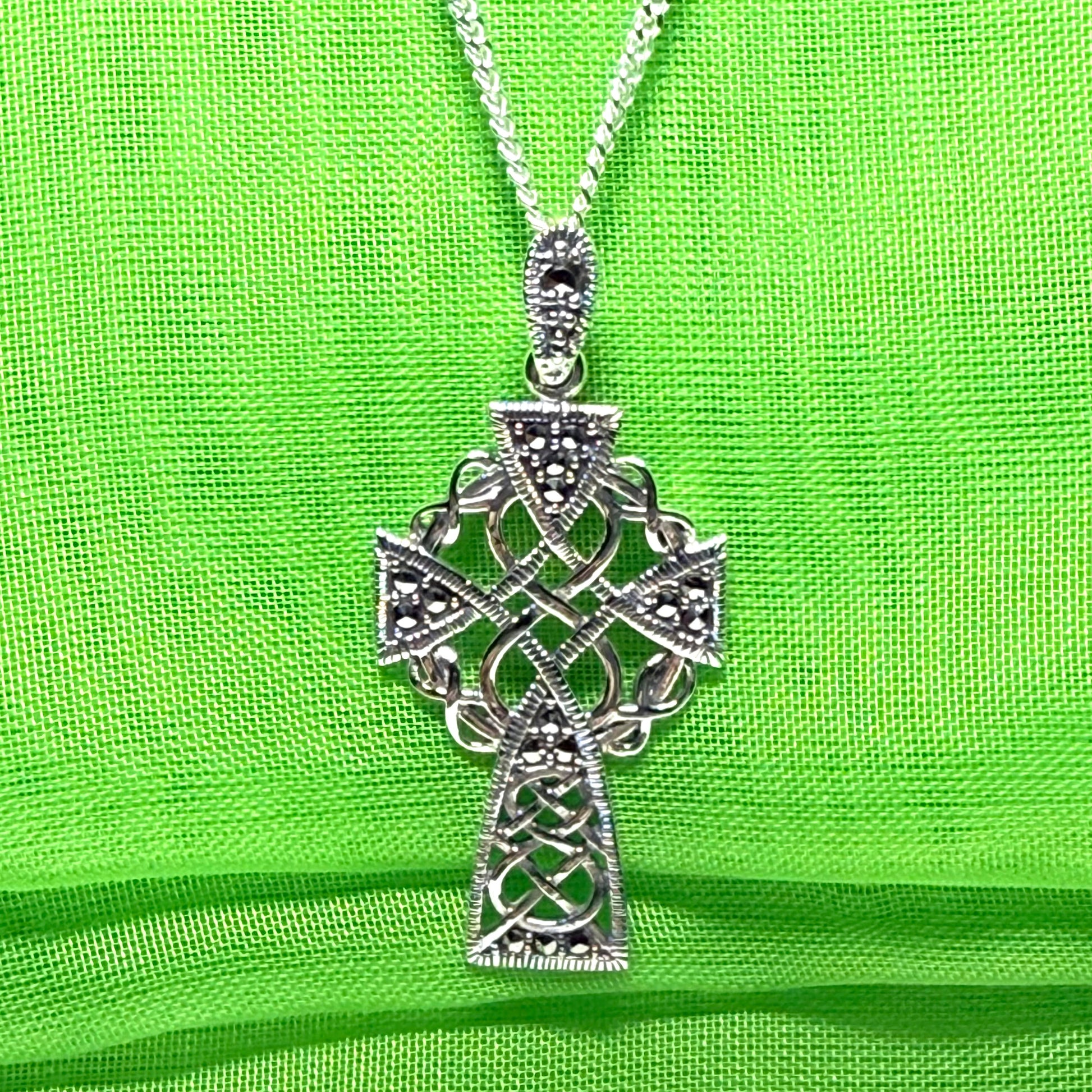 Fancy Patterned Large Sterling Silver Celtic Marcasite Set Cross Including Chain