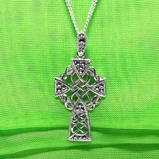 Fancy Patterned Large Sterling Silver Celtic Marcasite Set Cross Including Chain