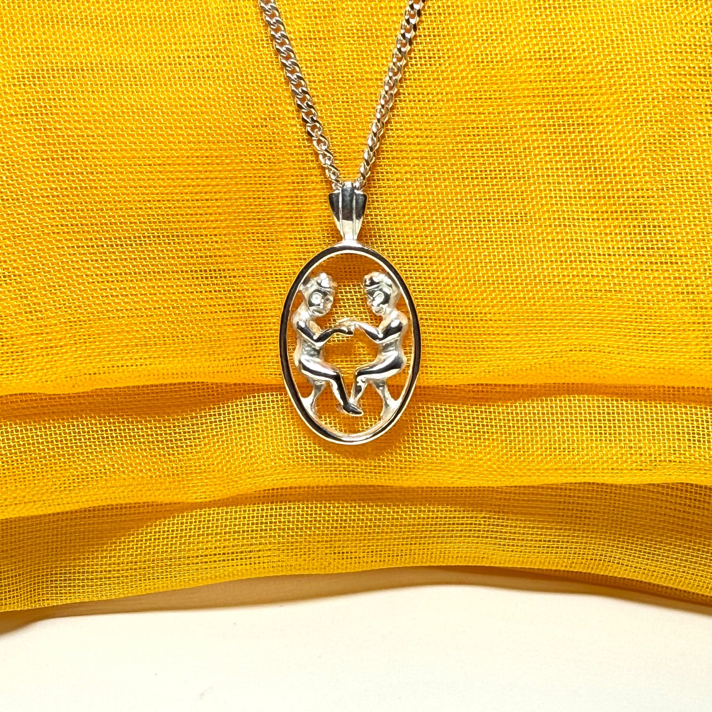 Gemini Zodiac Oval Necklace Sterling Silver Pendant