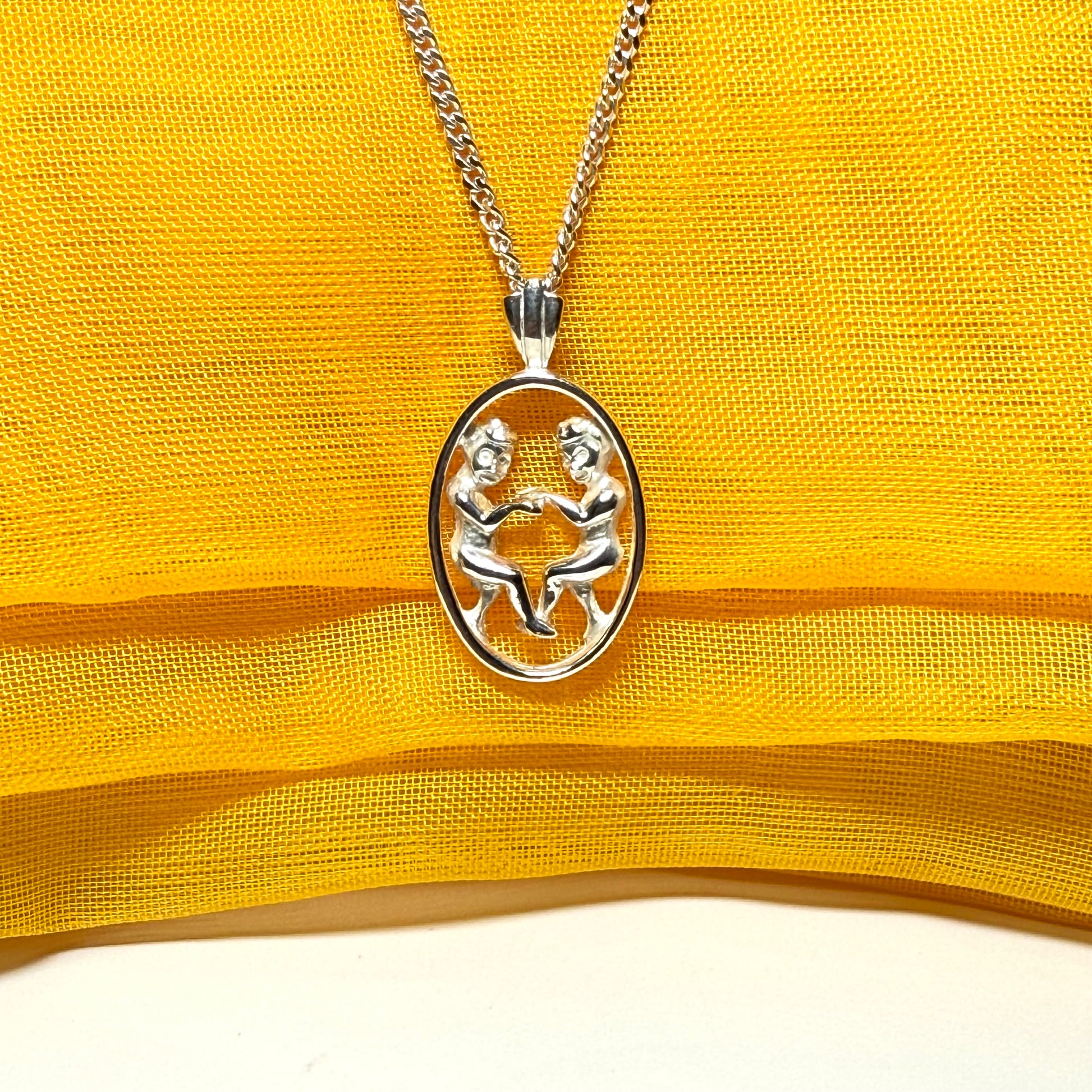 Gemini Zodiac Oval Necklace Sterling Silver Pendant