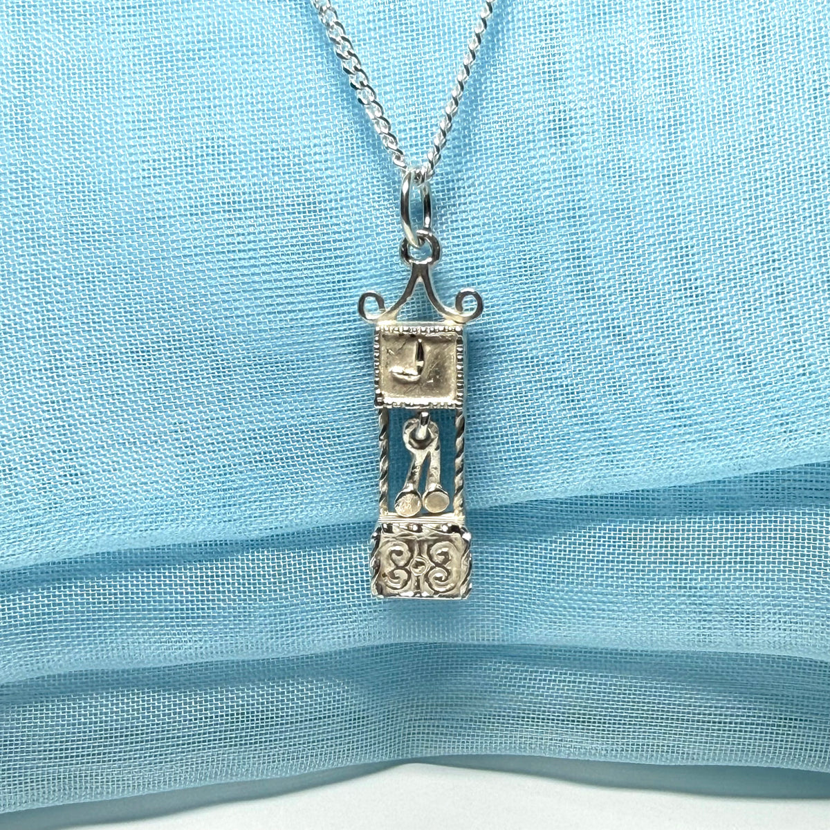 Grandfather Clock Necklace Solid Sterling Silver Charm Pendant