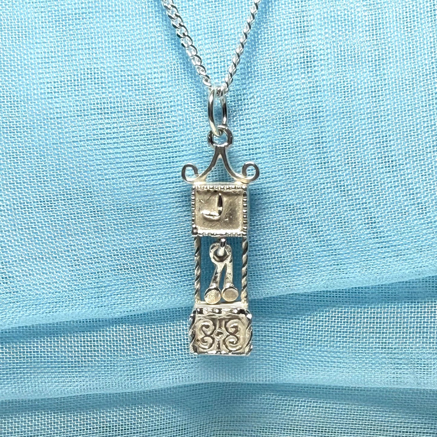 Grandfather Clock Necklace Solid Sterling Silver Charm Pendant