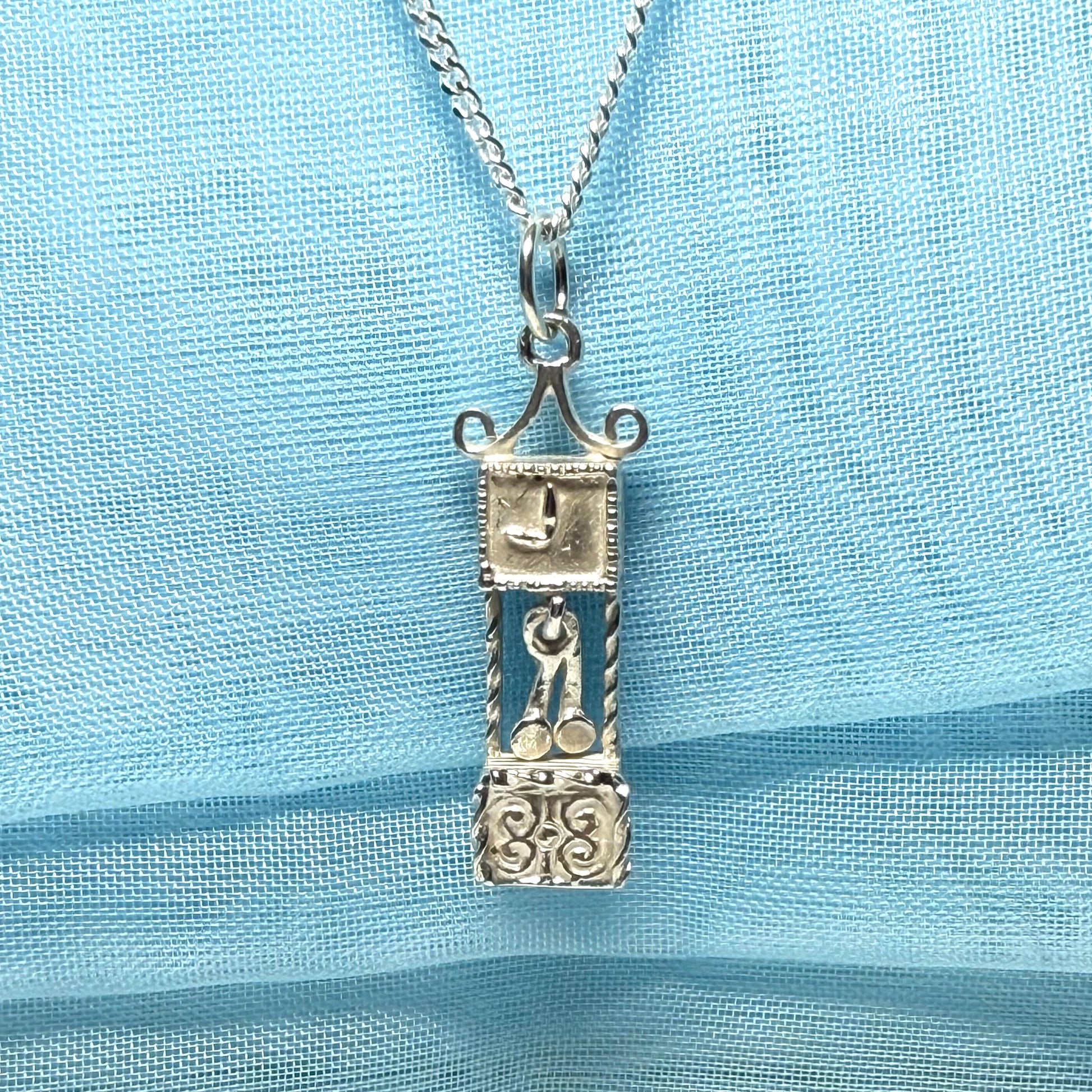 Grandfather Clock Necklace Solid Sterling Silver Charm Pendant