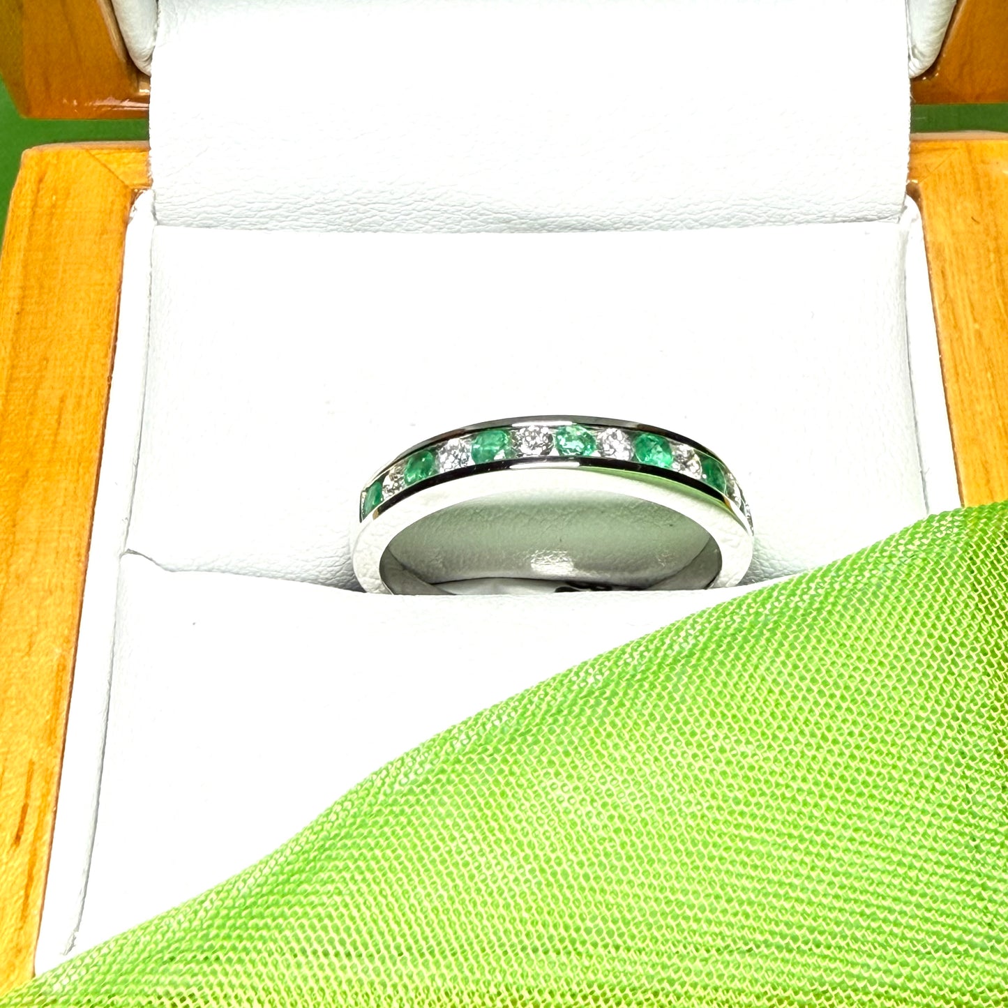 Green Real Emerald And Diamond White Gold Eternity Ring Channel Setting