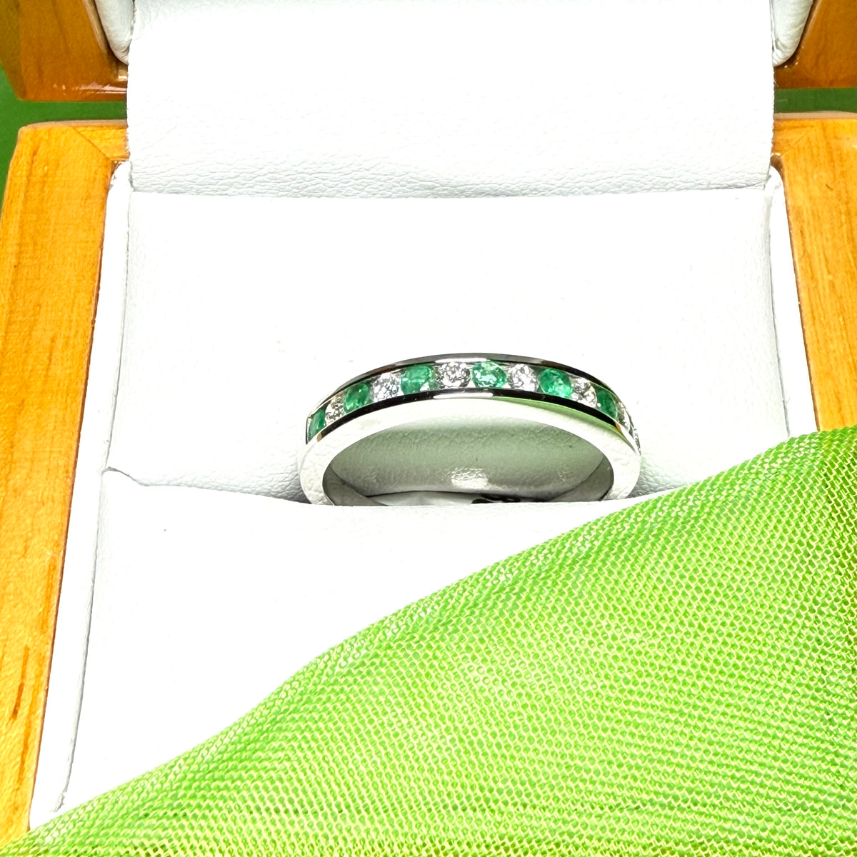 Green Real Emerald And Diamond White Gold Eternity Ring Channel Setting
