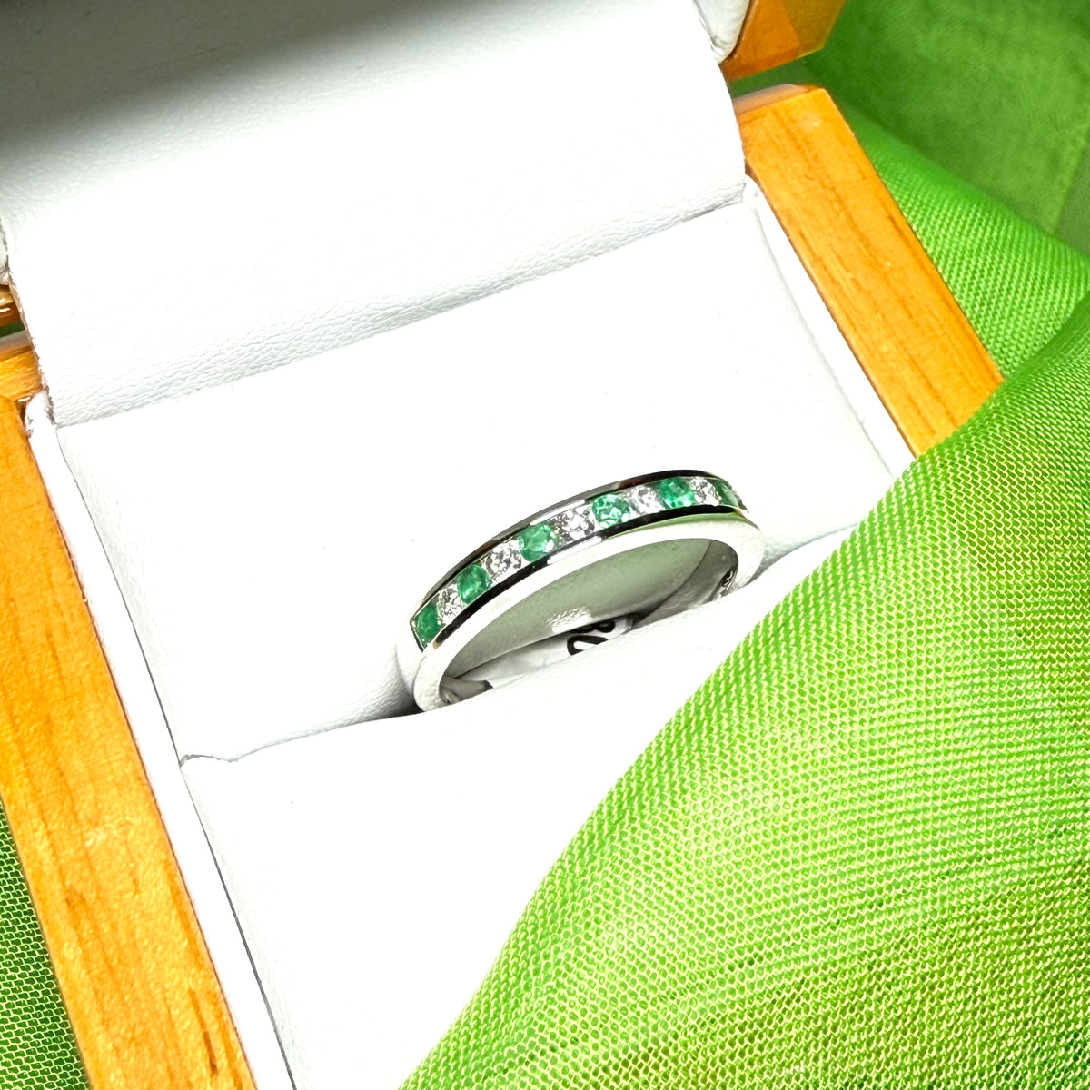 Green Real Emerald And Diamond White Gold Eternity Ring Channel Setting
