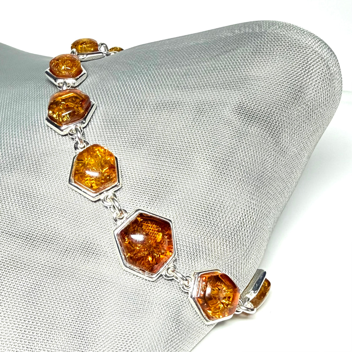 Hexagonal shaped real amber bracelet sterling silver