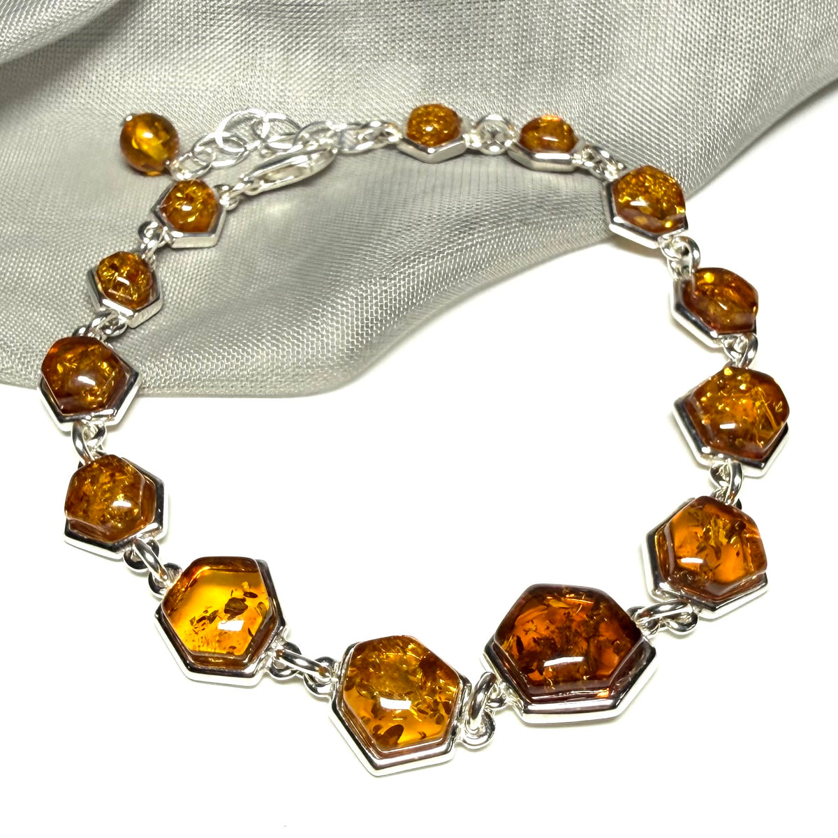 Hexagonal shaped real amber bracelet sterling silver