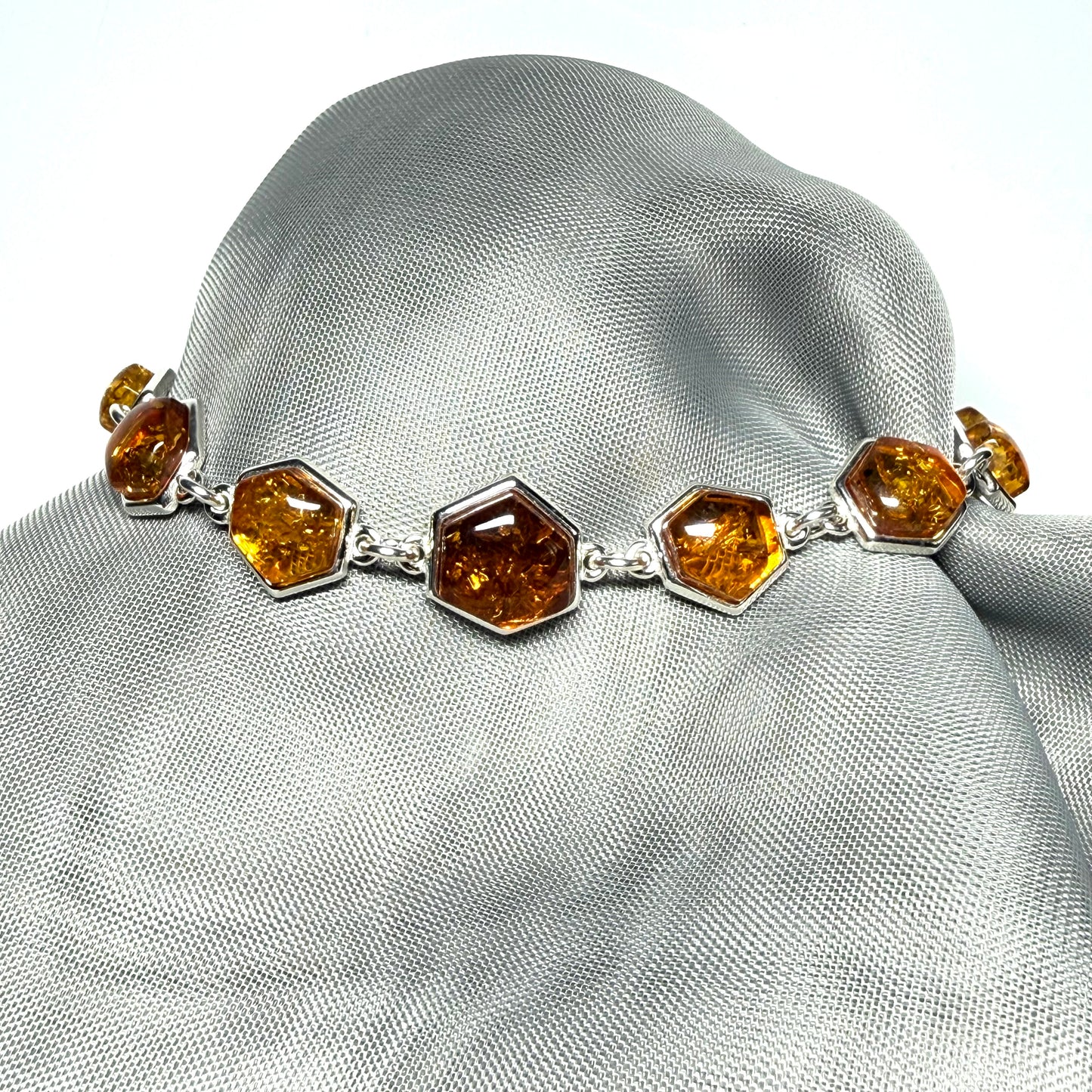 Hexagonal shaped real amber bracelet sterling silver