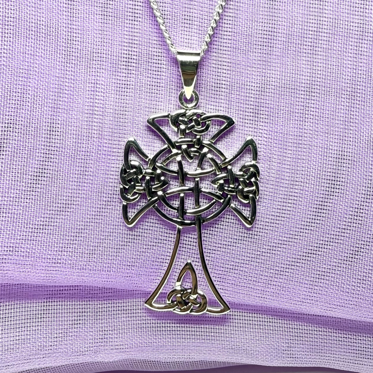 Large Fancy Patterned Sterling Silver Celtic Cross Including Chain