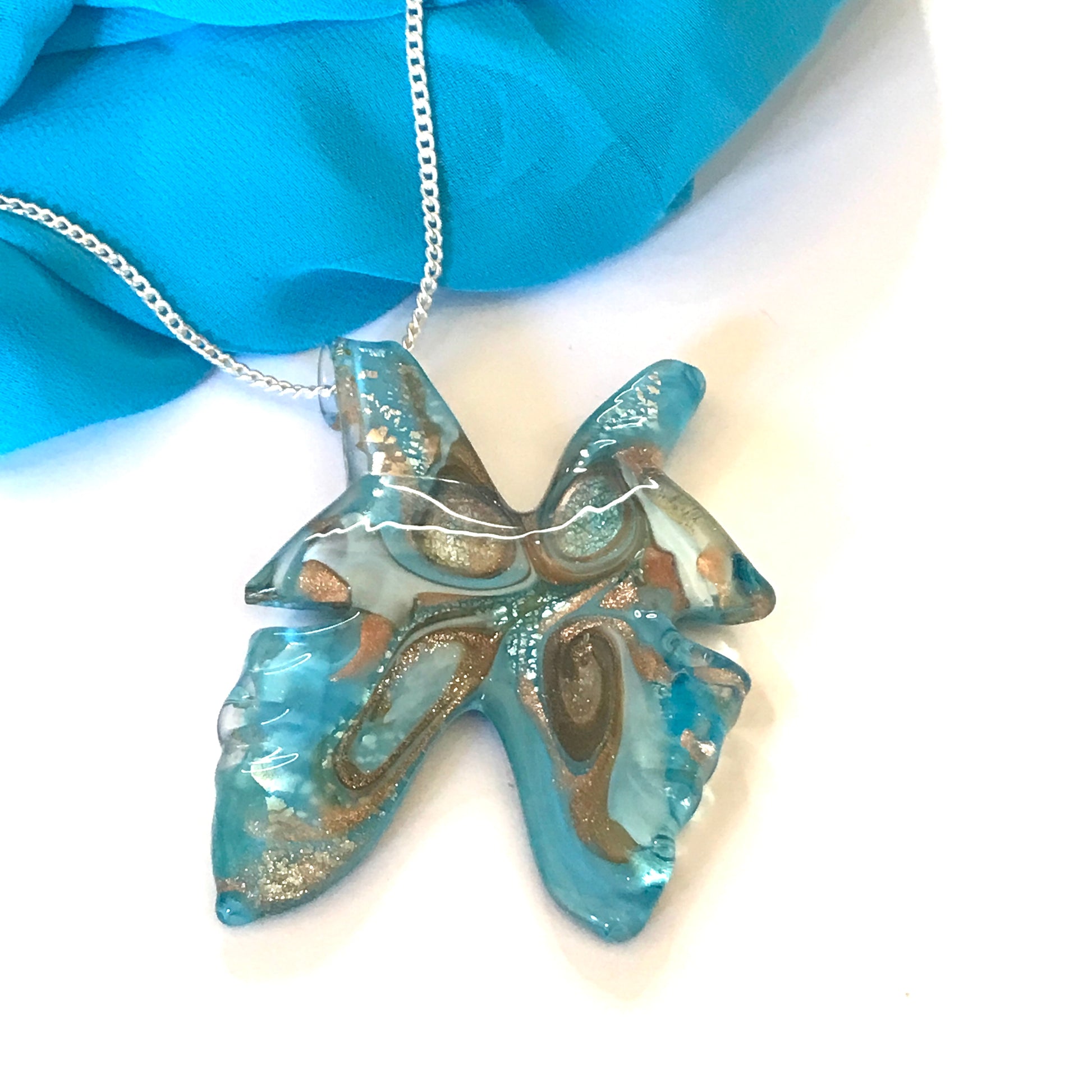 Large real Murano glass necklace blue butterfly shape pendant sterling silver