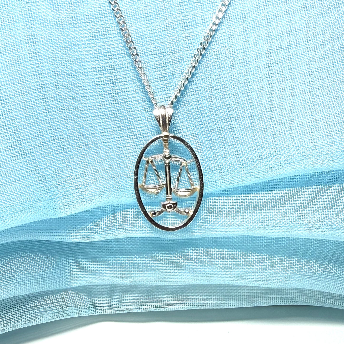 Libra Zodiac Oval Necklace Sterling Silver Pendant