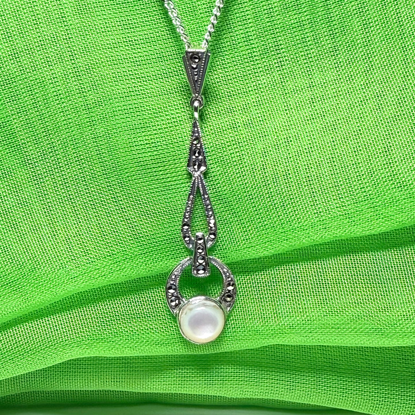 Long real Mother of Pearl and marcasite sterling silver necklace With chain