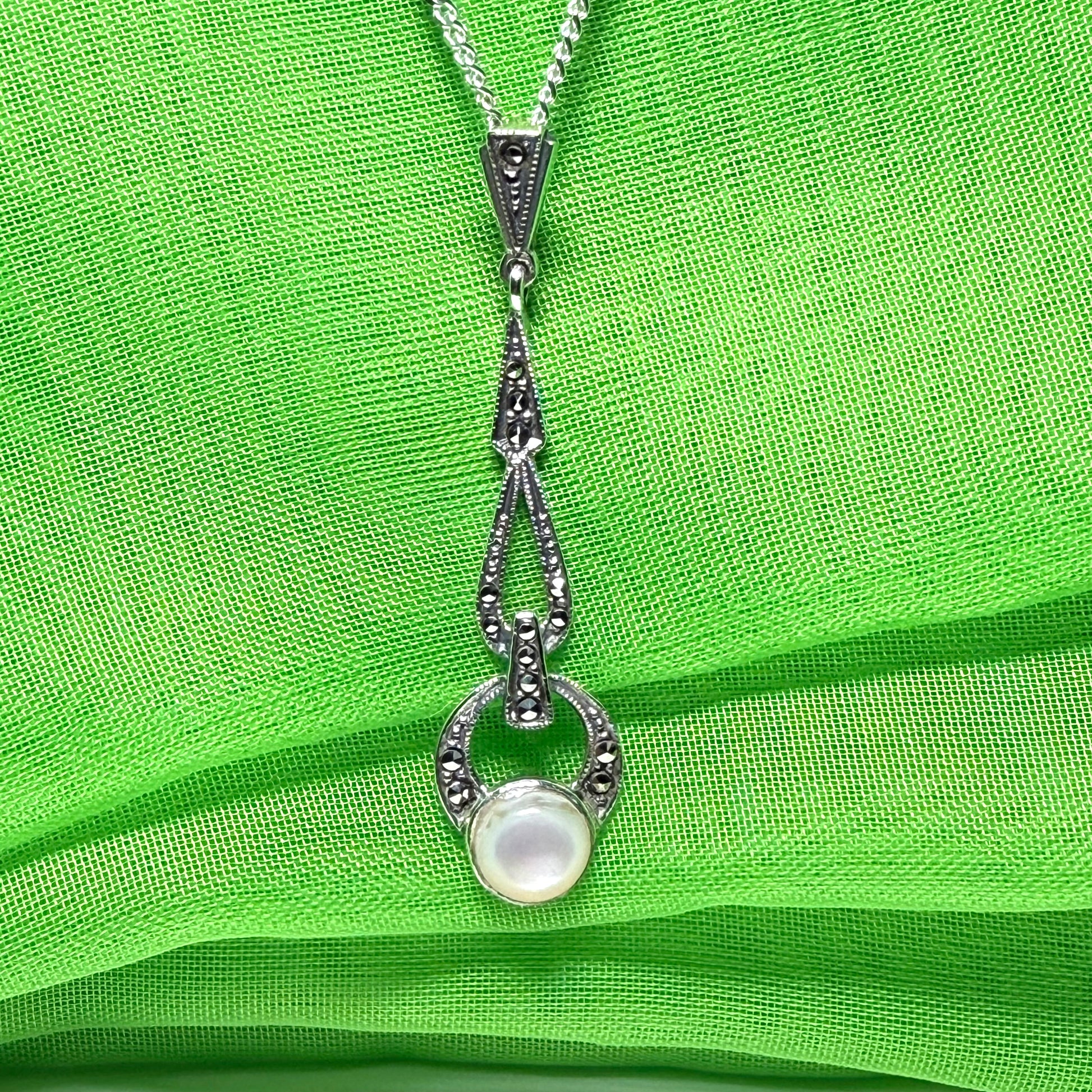 Long real Mother of Pearl and marcasite sterling silver necklace With chain