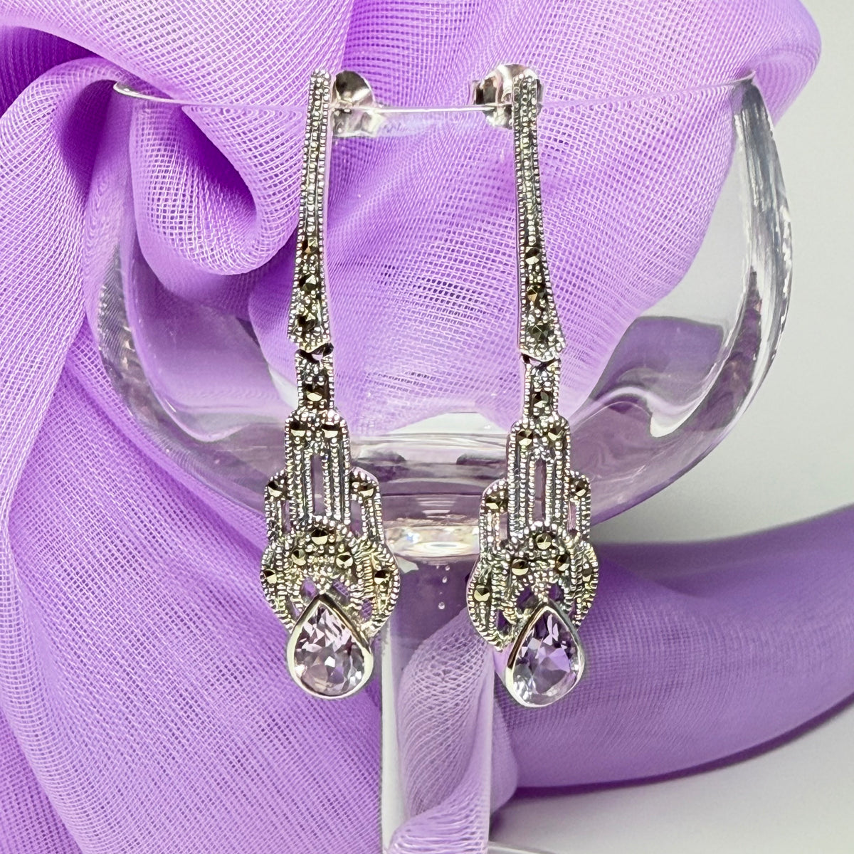 Long real purple amethyst and real marcasite fancy dropped earrings
