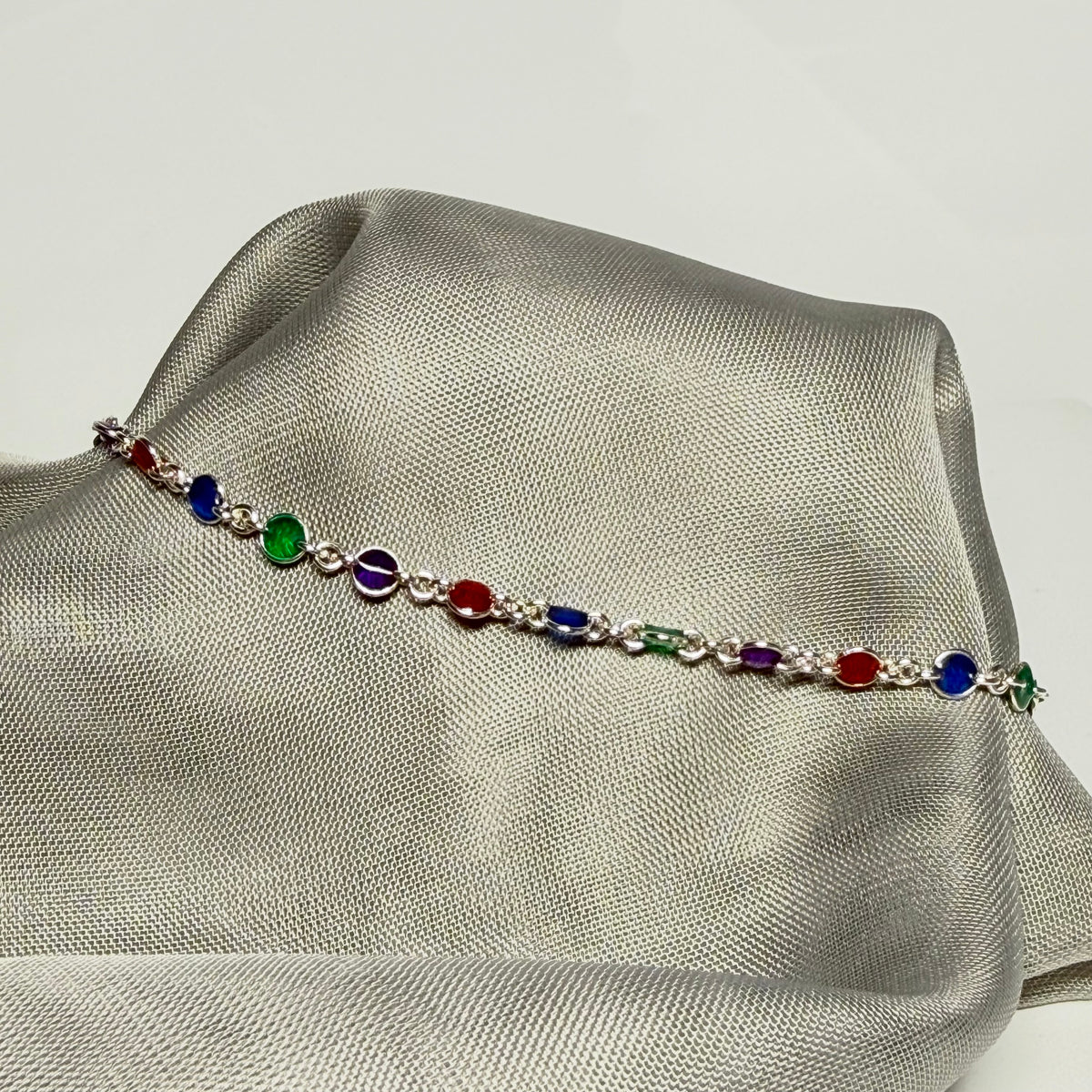 Multi Coloured Enamel Sterling Silver Fancy Link Ladies