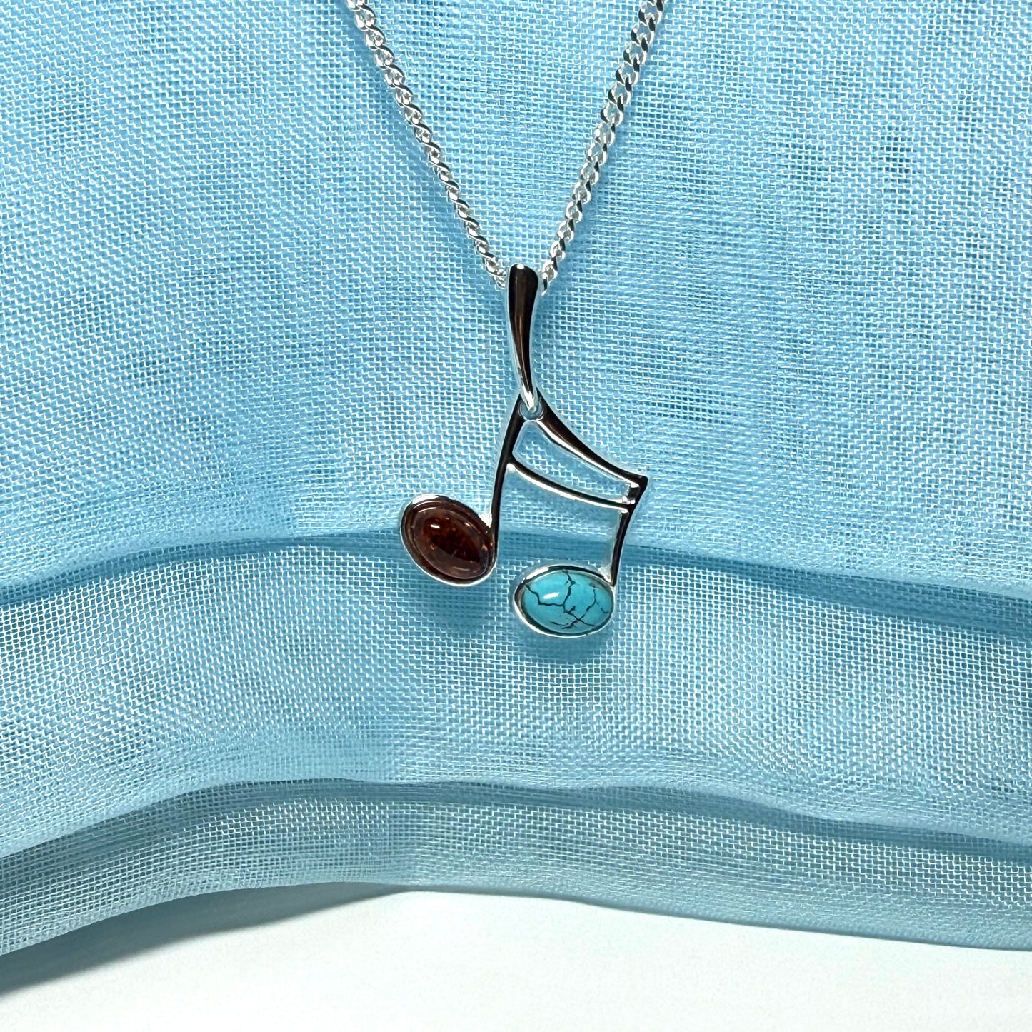 Musical note necklace real amber and turquoise sterling silver pendant