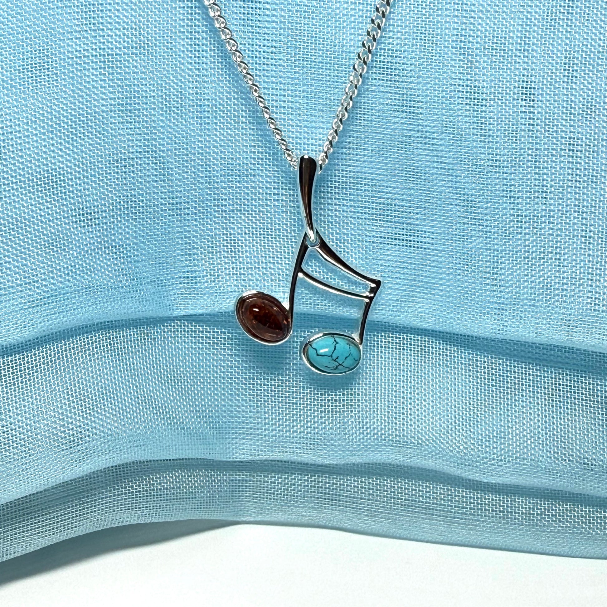 Musical note necklace real amber and turquoise sterling silver pendant