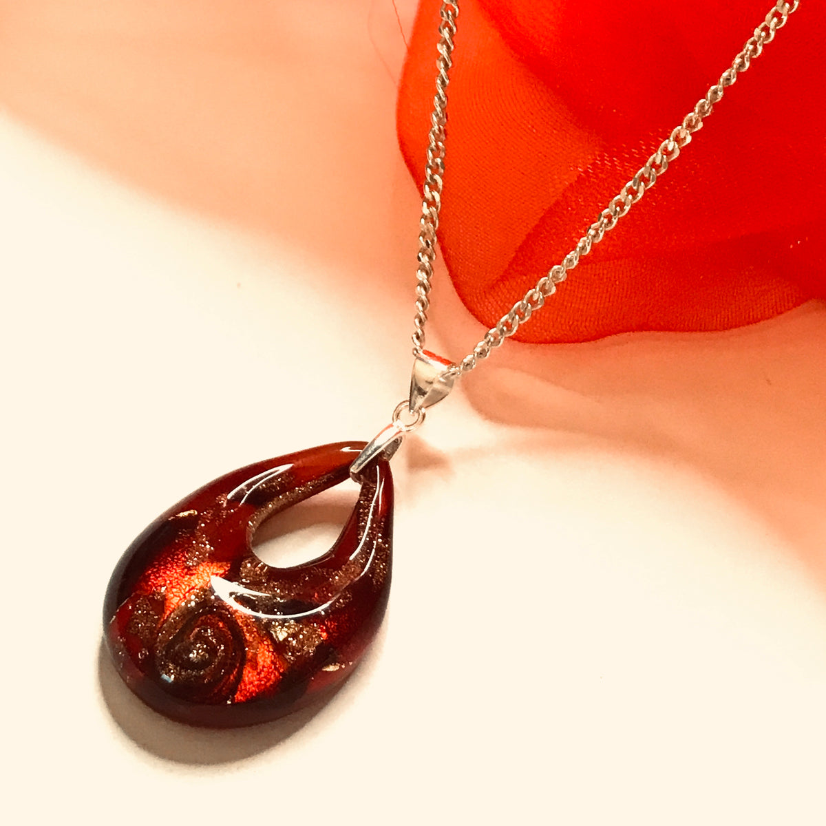 Necklace real Murano glass red gold coloured pear shaped pendant