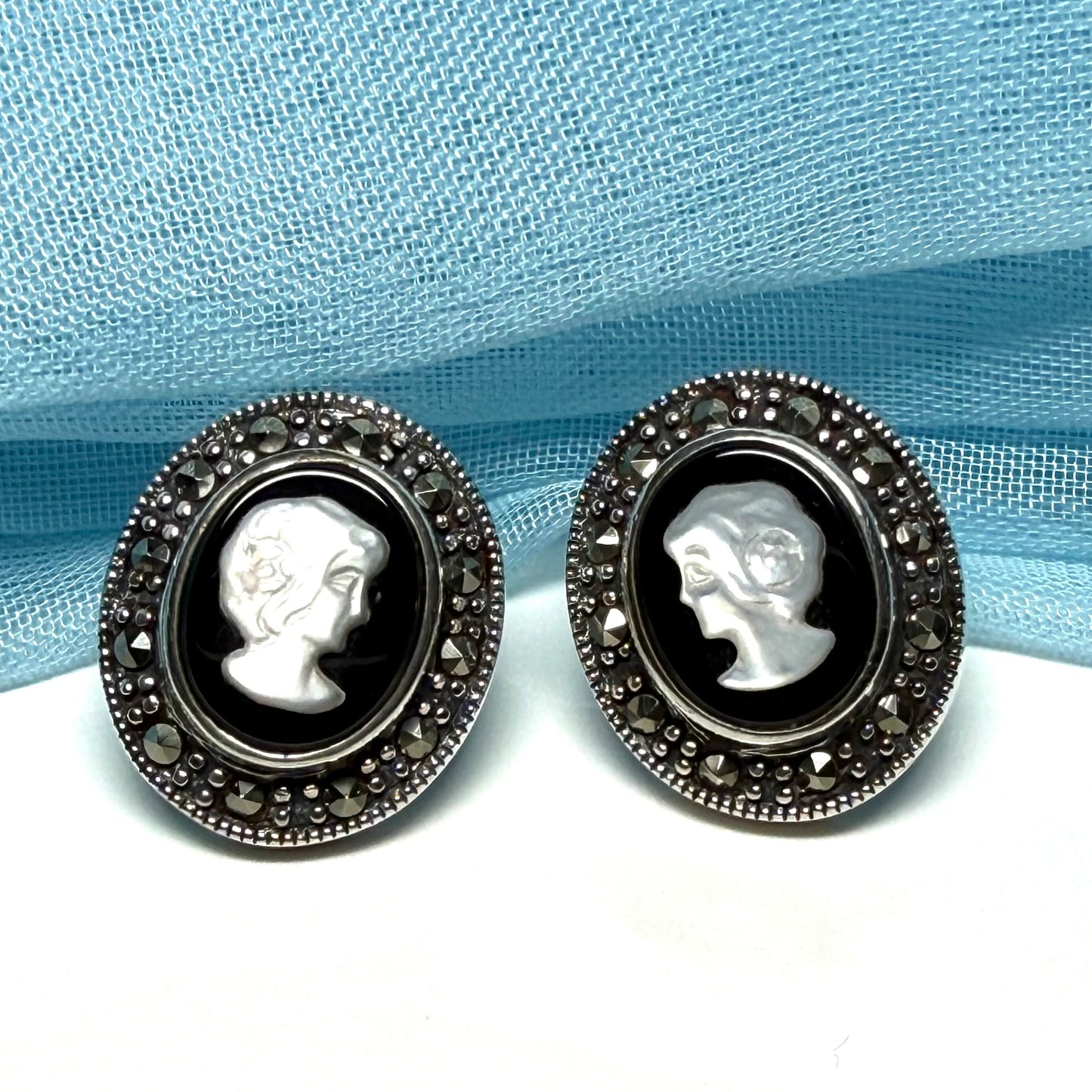 Oval Cameo stud earrings sterling silver black onyx and white Mother of Pearl