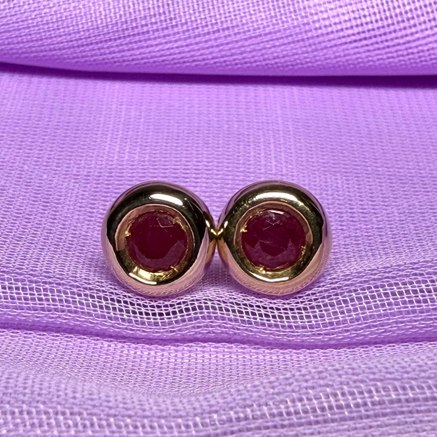Real Red Ruby Round Stud Earrings 9 carat Yellow Gold